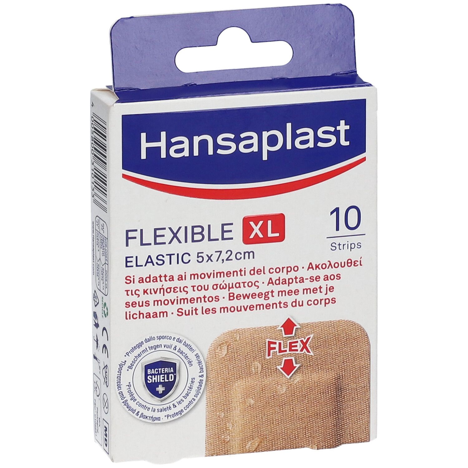 Hansaplast Flexible XL Elastic Pflasterpackung. Enthält 10 Pflaster, 5x7,2 cm. Verpackung mit Produktabbildung und Flex-Symbol.