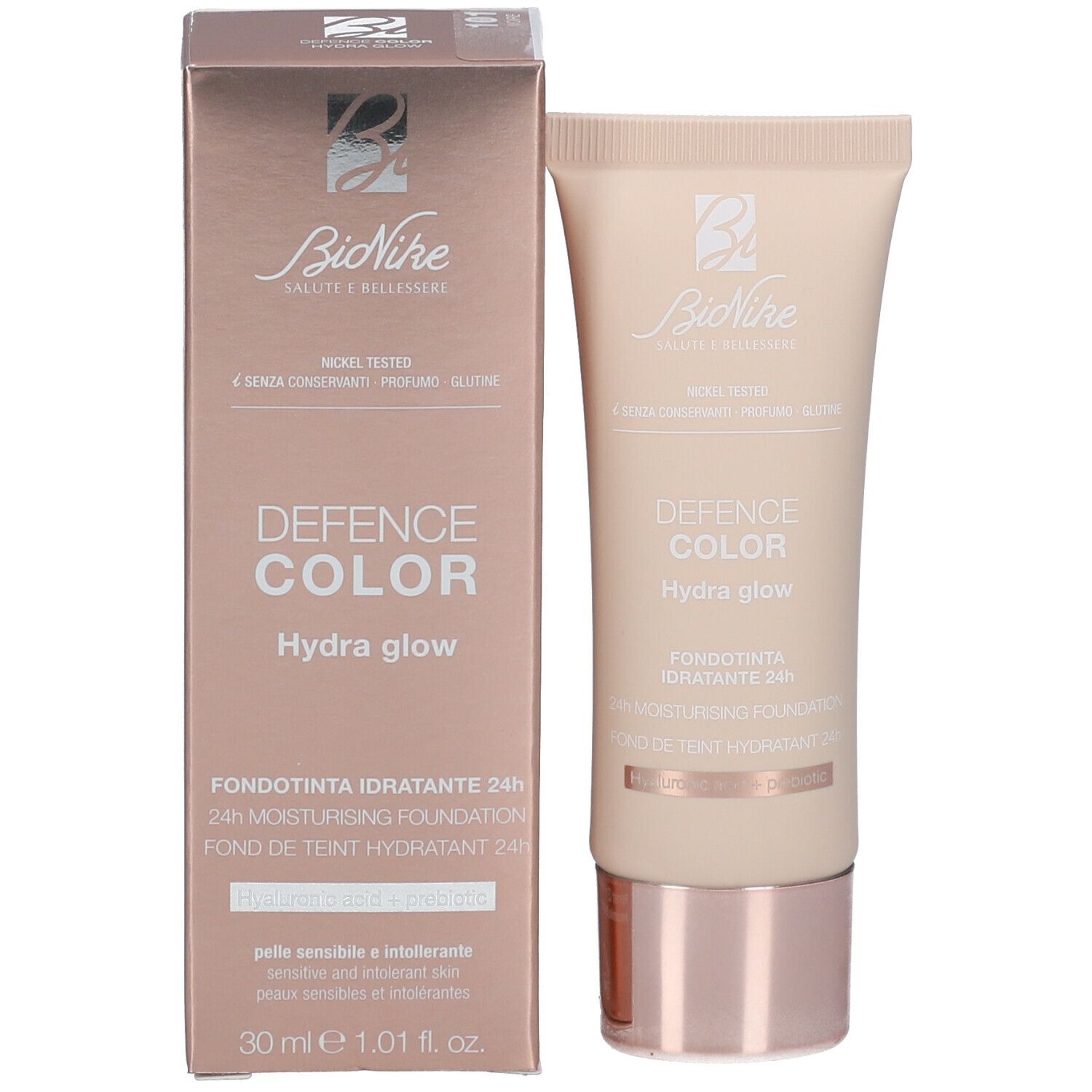 Produktverpackung und Tube. Verpackung: DEFENCE COLOR Hydra glow. Marke BioNike. Fondotinta idratante 24h. 30 ml.