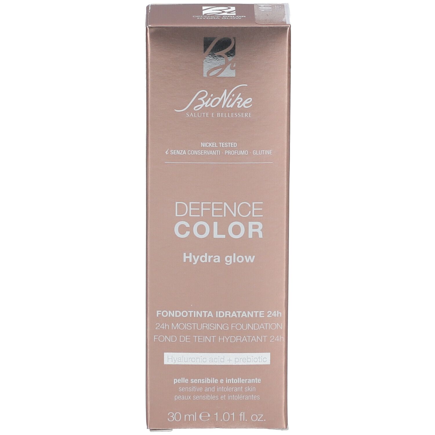 Produktverpackung. Aufschrift: DEFENCE COLOR Hydra glow. Marke BioNike. Fondotinta idratante 24h. 30 ml.