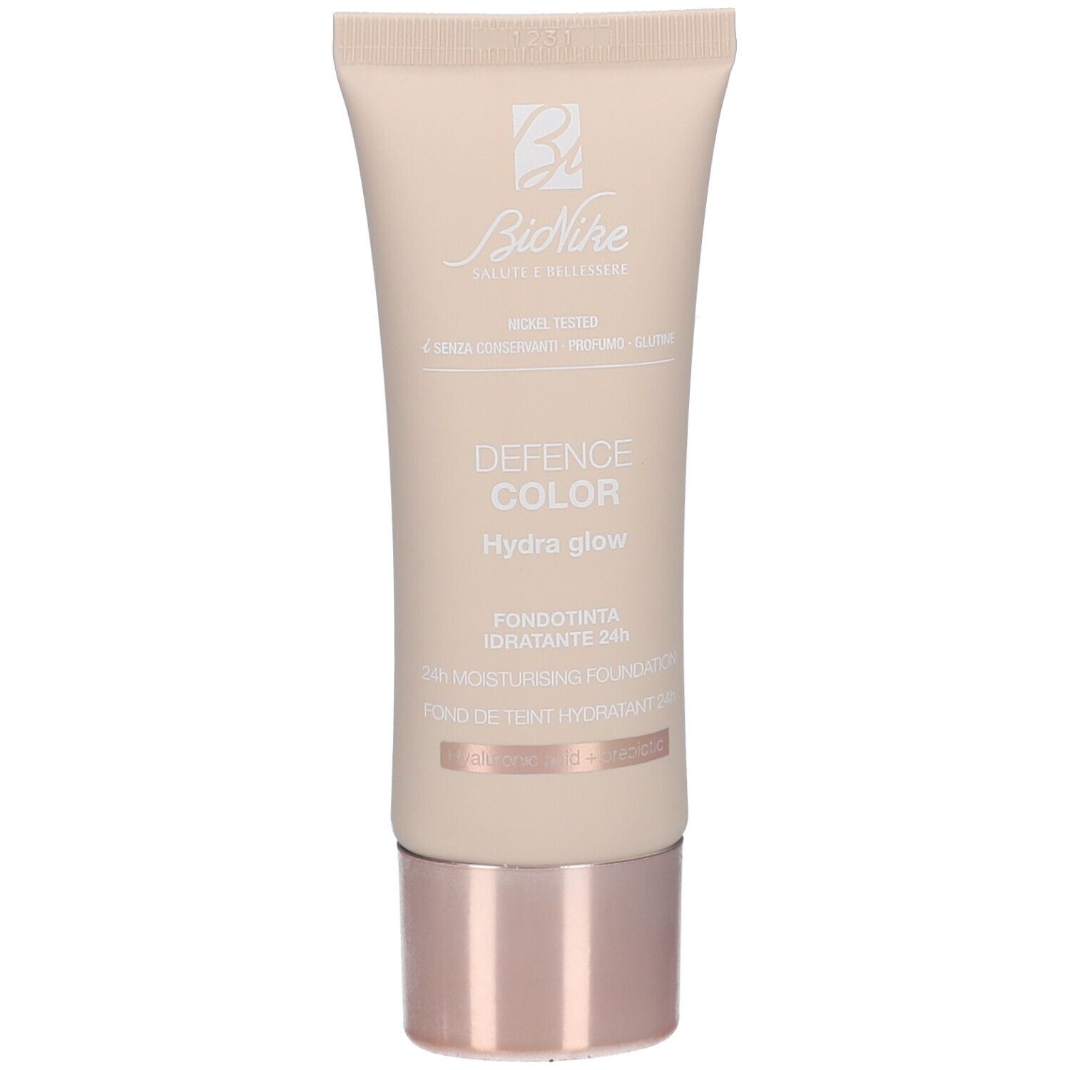 Beigefarbene Tube mit roségoldfarbenem Deckel. Aufschrift: DEFENCE COLOR Hydra glow, Fondotinta Idratante 24H.