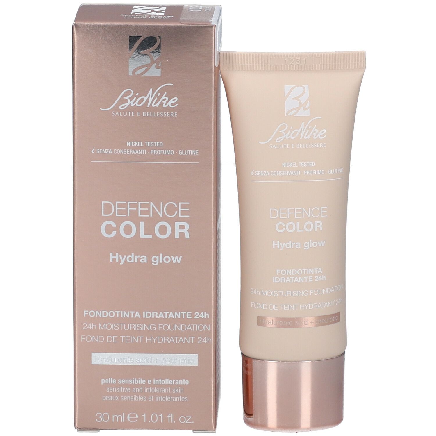 Produkt und Verpackung. Tube und Schachtel. Aufschrift: DEFENCE COLOR Hydra glow, Fondotinta Idratante 24H.