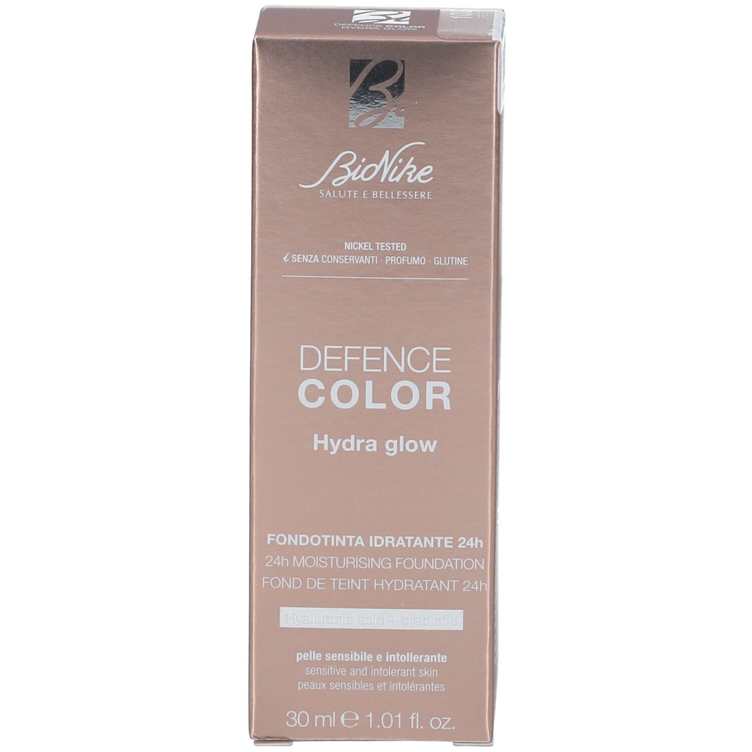 Schachtel mit Produktnamen: DEFENCE COLOR Hydra glow, Fondotinta Idratante 24H. Marke Bionike.