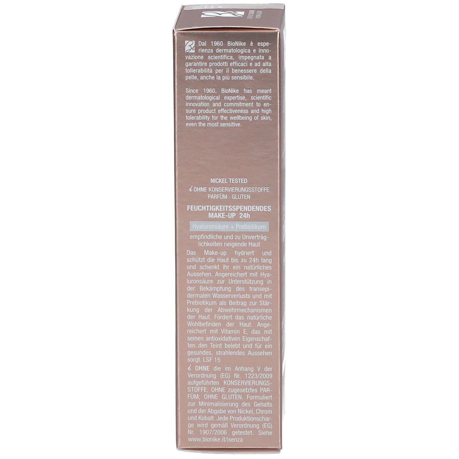 Seite der Schachtel. Text in mehreren Sprachen. Marke Bionike. Nickel Tested. 4 ohne Konservierungsstoffe, Parfum, Gluten.