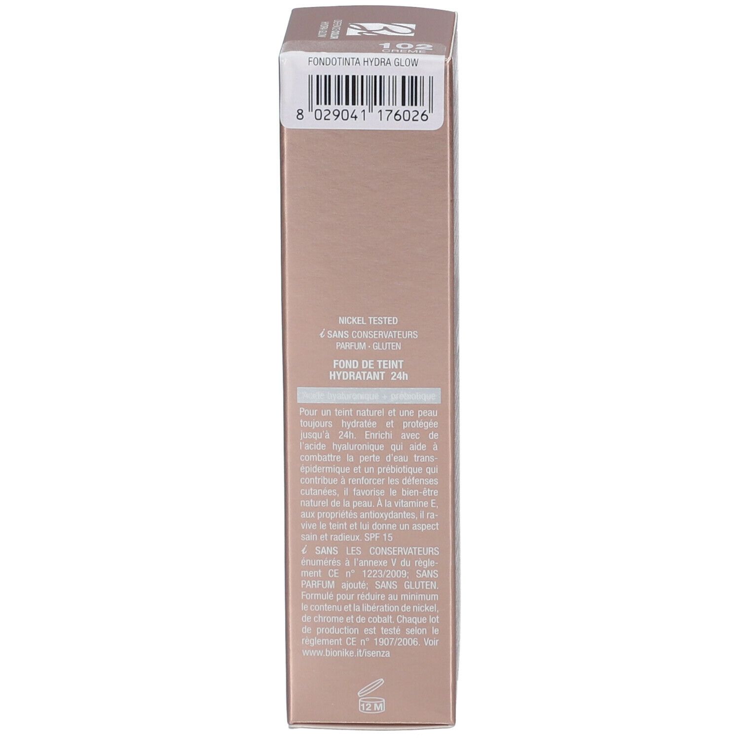 Seite der Schachtel. Text in mehreren Sprachen. Fondotinta Hydra Glow. Barcode und Produktinformationen.