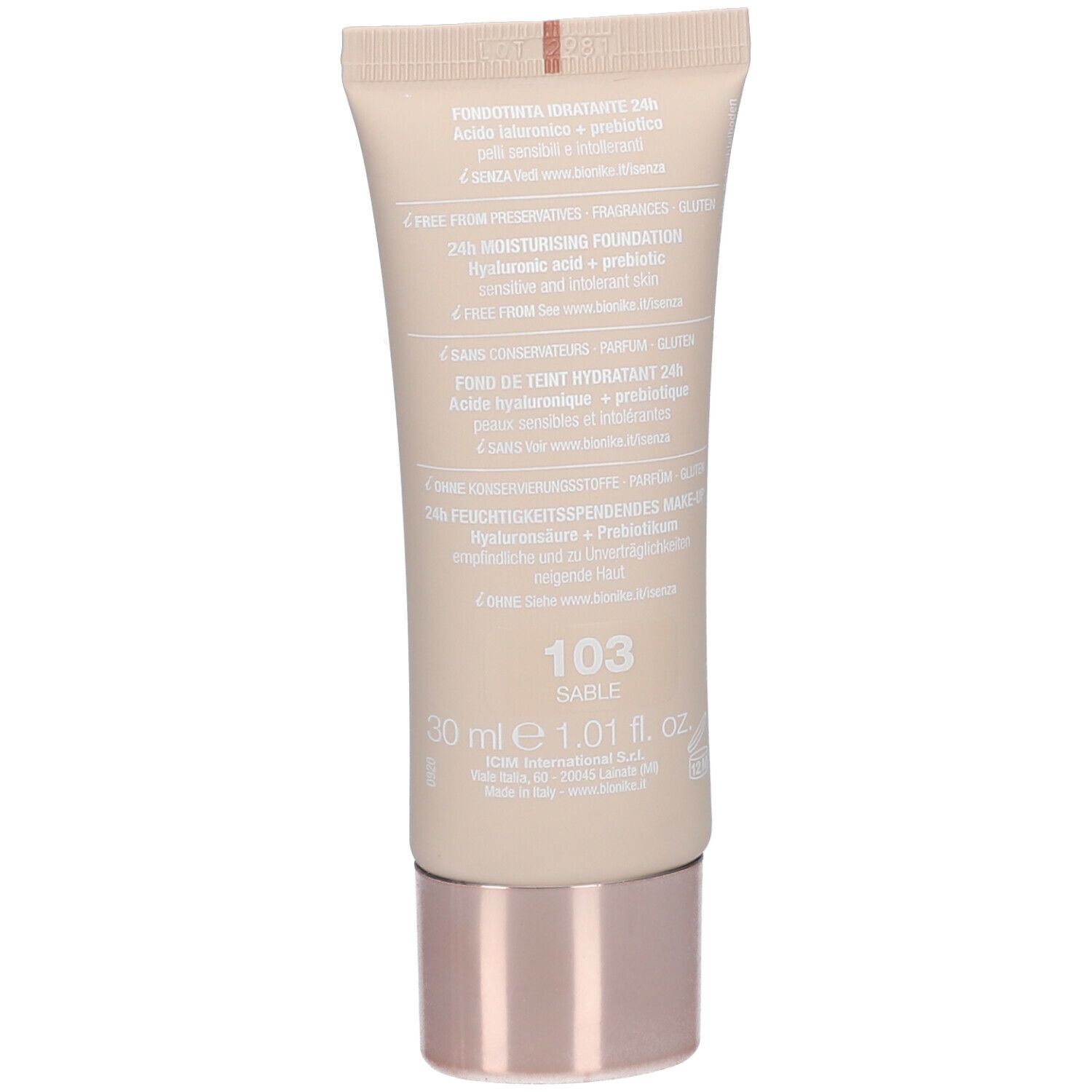 Rückseite der Tube. Aufschrift: 103 Sable, 30 ml, Inhaltsstoffe. Marke: BioNike. Produktname nicht enthalten.