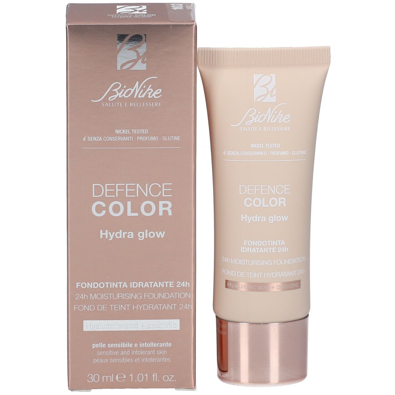 Produkt und Verpackung. Tube und Karton. Aufschrift: DEFENCE COLOR Hydra glow. Marke: BioNike. Produktname nicht enthalten.