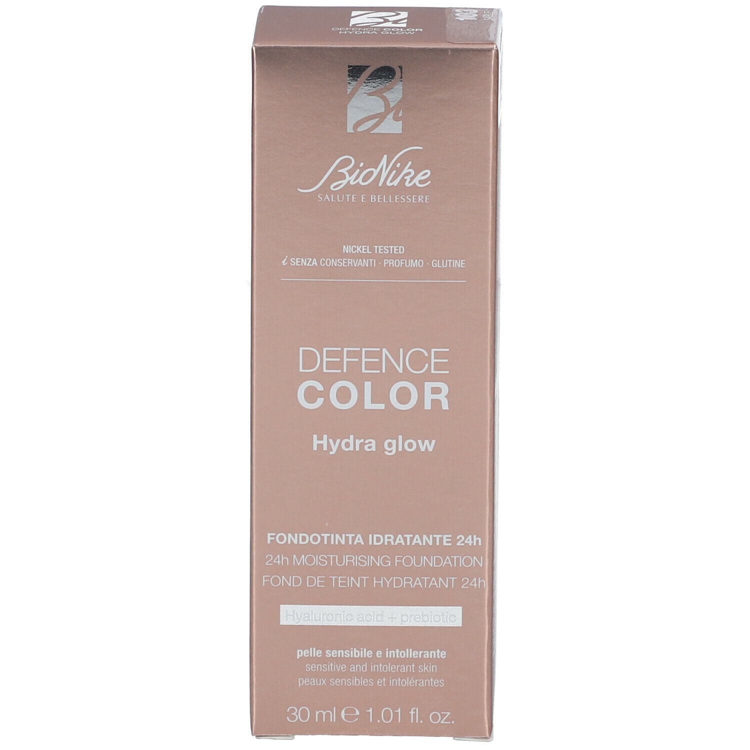 Kartonverpackung. Aufschrift: DEFENCE COLOR Hydra glow. Marke: BioNike. Produktname nicht enthalten. 30 ml.