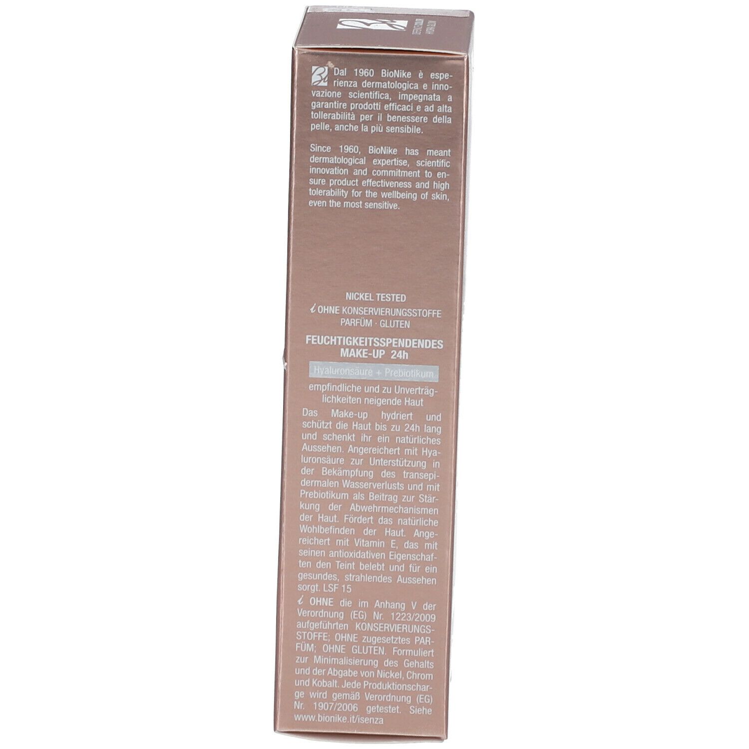 Kartonverpackung, Seite. Text über Inhaltsstoffe und Marke BioNike. Produktname nicht enthalten.