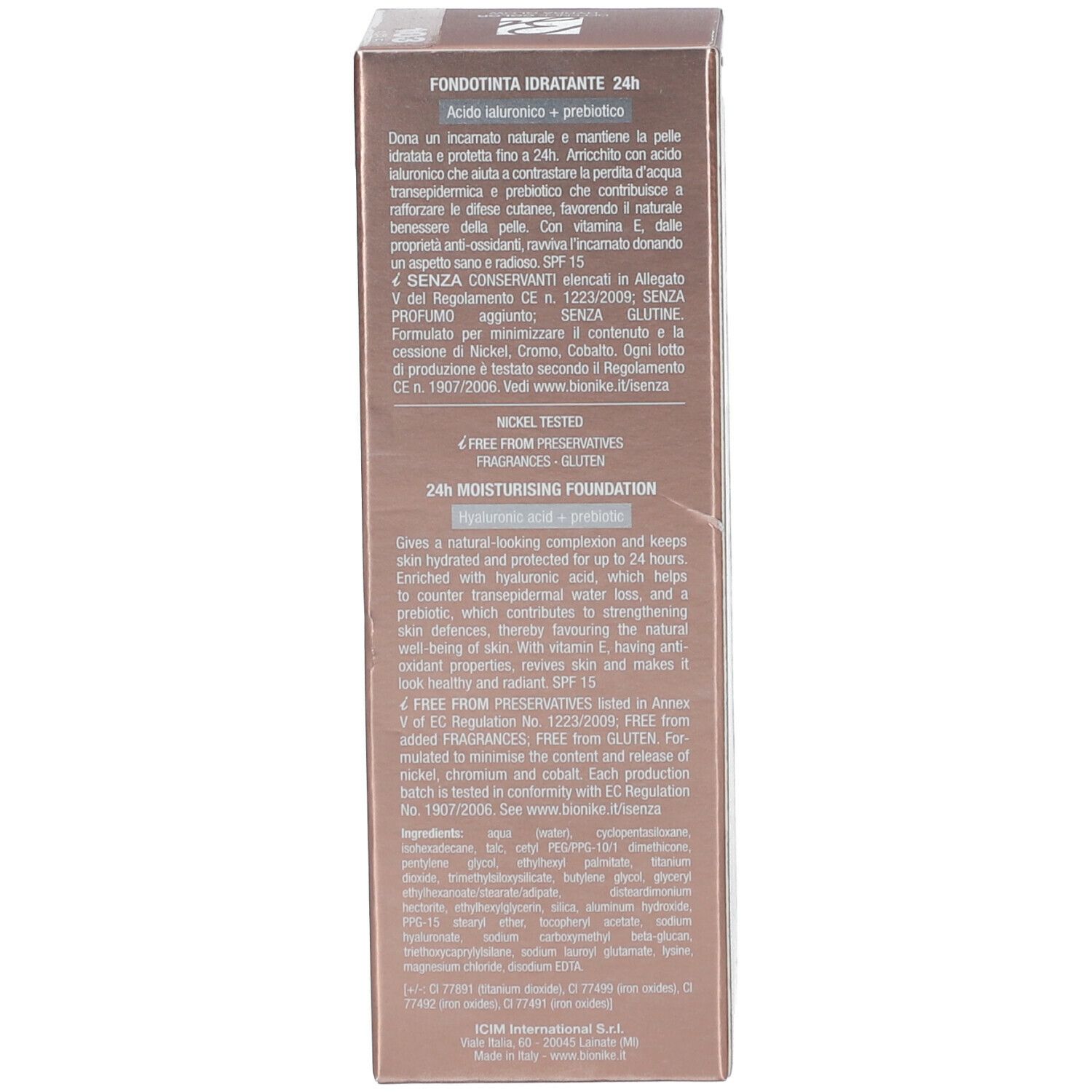 Kartonverpackung, Seite. Text über Inhaltsstoffe und Marke BioNike. Produktname nicht enthalten.