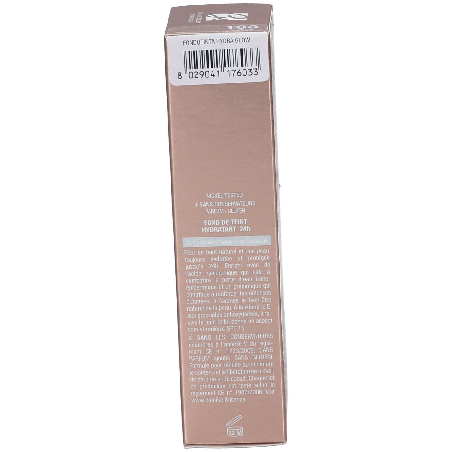 Kartonverpackung, Seite. Barcode und Text. Marke BioNike. Produktname nicht enthalten.