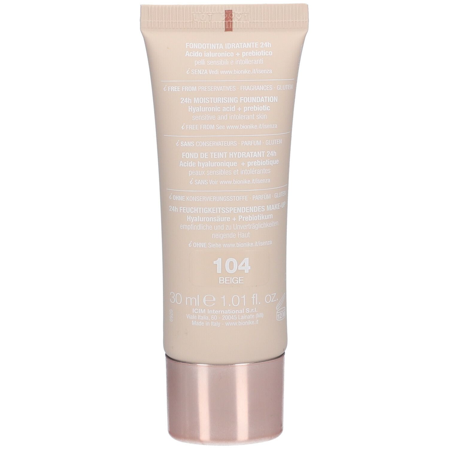 Rückseite einer Make-up-Tube. Text: 104 Beige, 30 ml, Inhaltsstoffe. Marke Bionike.