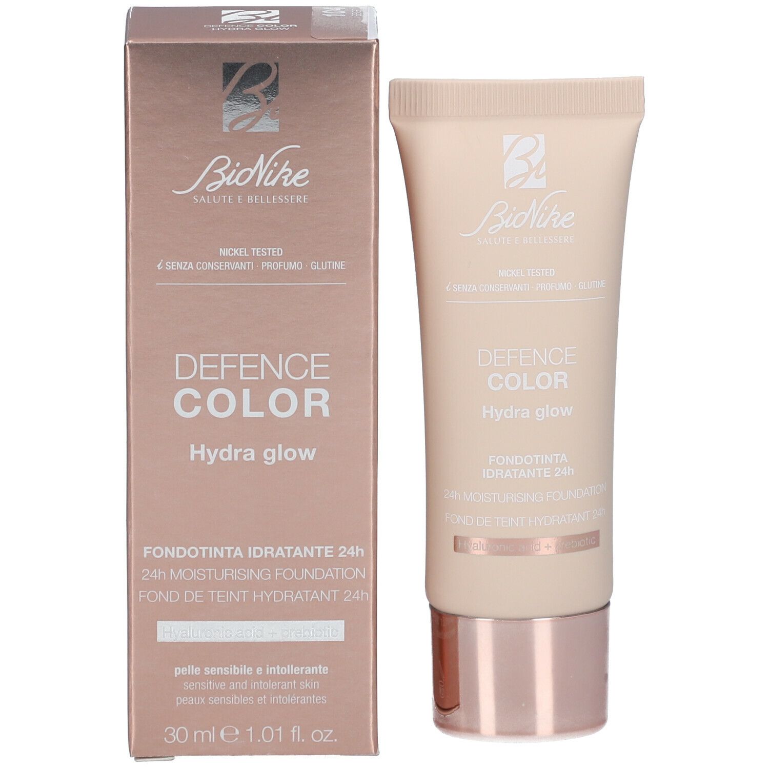 Make-up-Tube und Verpackung. Marke Bionike, Schriftzug Defence Color Hydra Glow. 30 ml.
