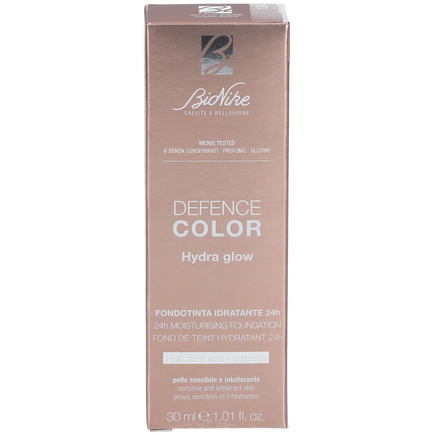 Verpackung mit Make-up-Produkt. Marke Bionike, Schriftzug Defence Color Hydra Glow. 30 ml.