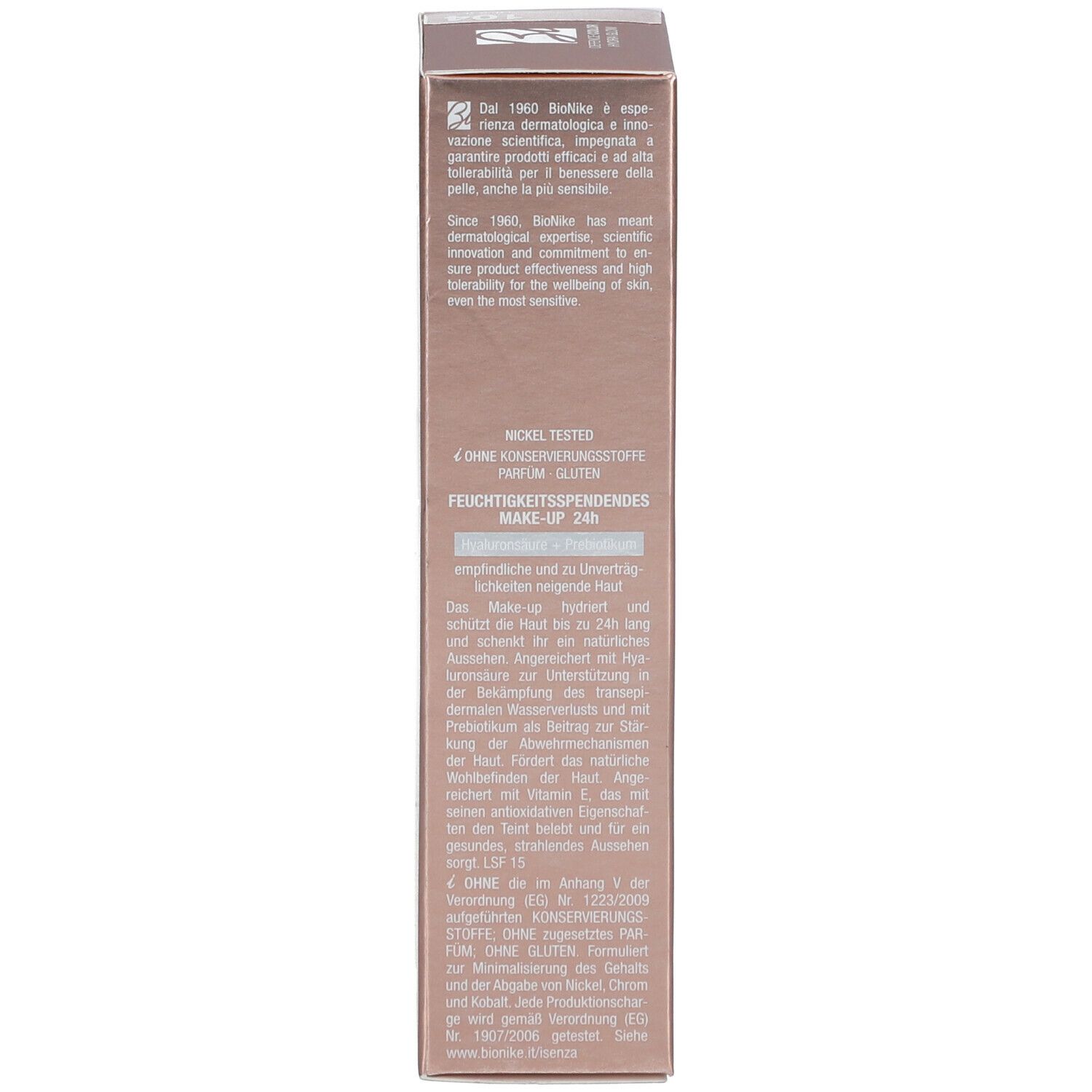 Verpackung mit Text. Marke Bionike, Text: Feuchtigkeitsspendendes Make-up 24h. Nickel getestet.