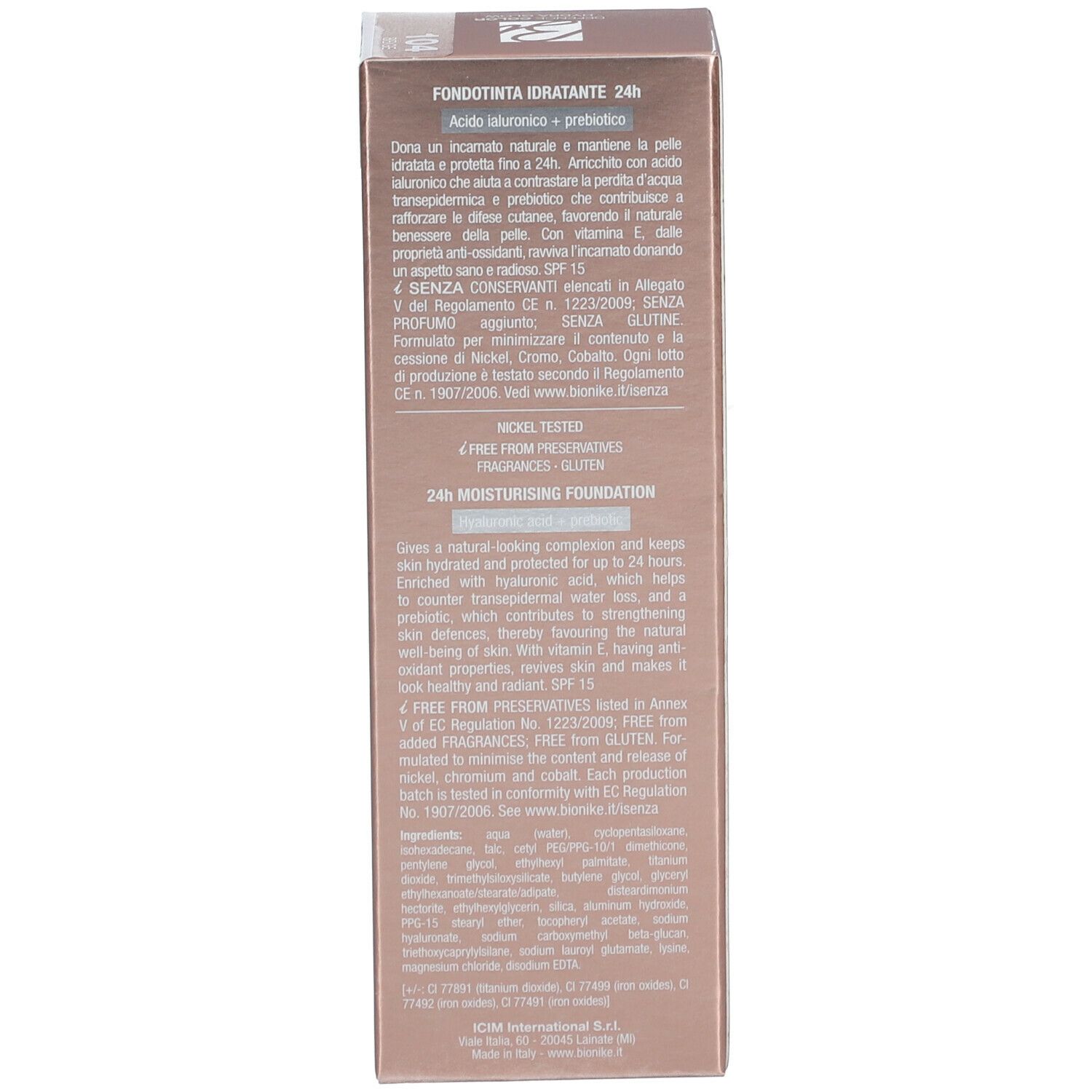 Verpackung mit Text. Marke Bionike, Text: 24h Feuchtigkeitsspendendes Make-up. Inhaltsstoffe.