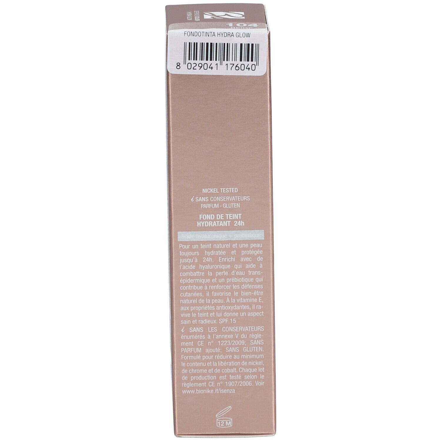 Verpackung mit Text. Marke Bionike, Text: Fondotinta Hydra Glow. Barcode.