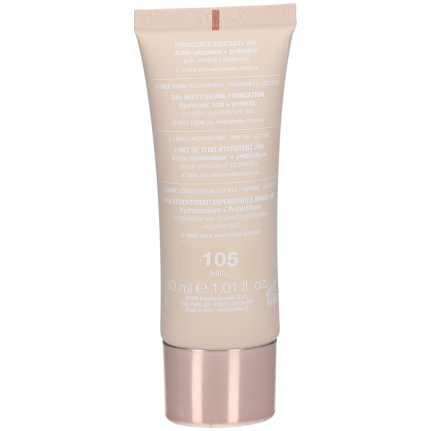 Rückseite der Tube. Aufschrift: Inhaltsstoffe, Farbnummer 105 Miell, Volumen 30 ml. Weitere Produktinformationen.