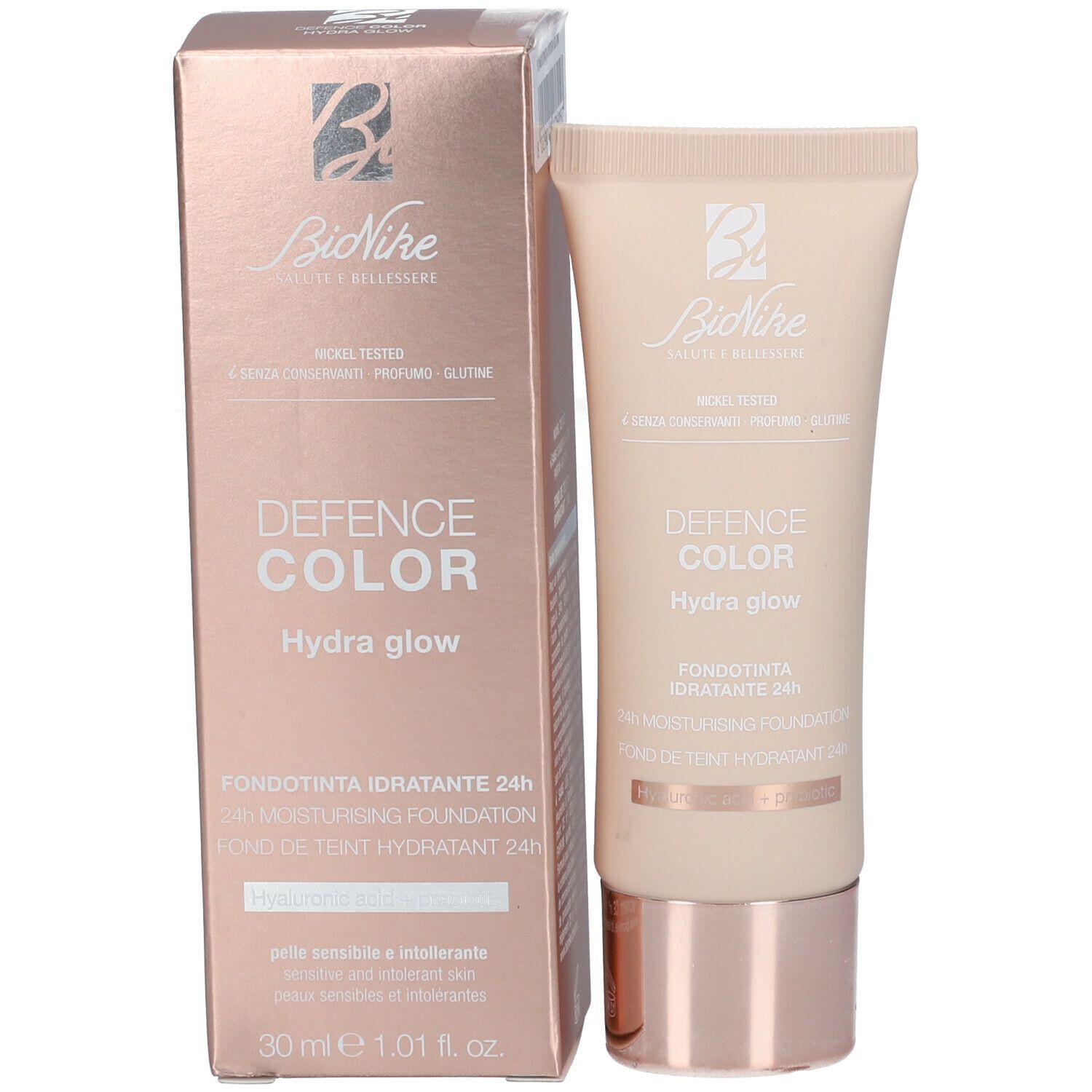 Produkt und Verpackung. Tube und Schachtel. Aufschrift: Bionike, Defence Color, Hydra glow. Produktname und Informationen.