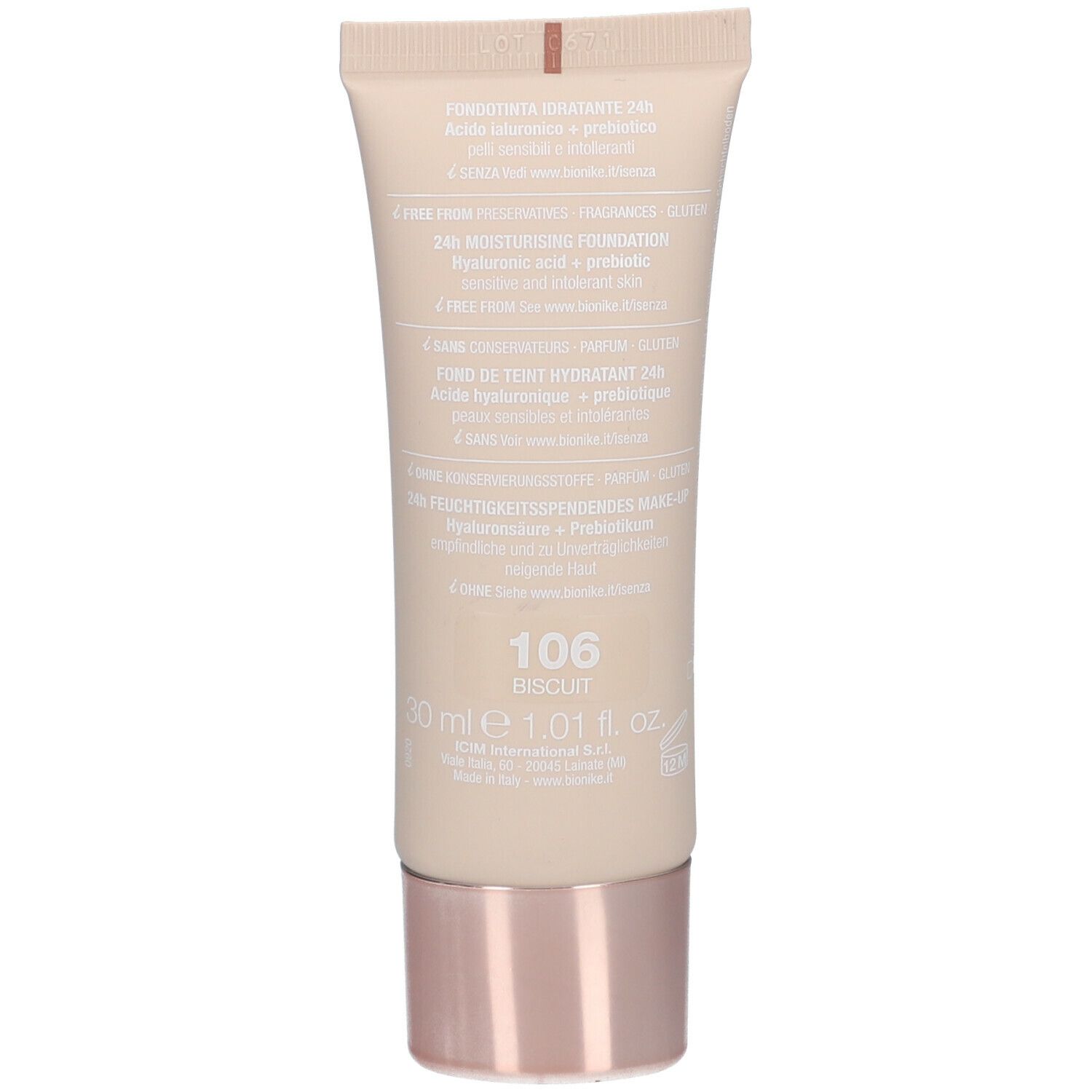 Rückseite der Make-up-Tube. Text: 106 Biskuit, 30 ml. Marke: BioNike. Inhaltsstoffe und Informationen.