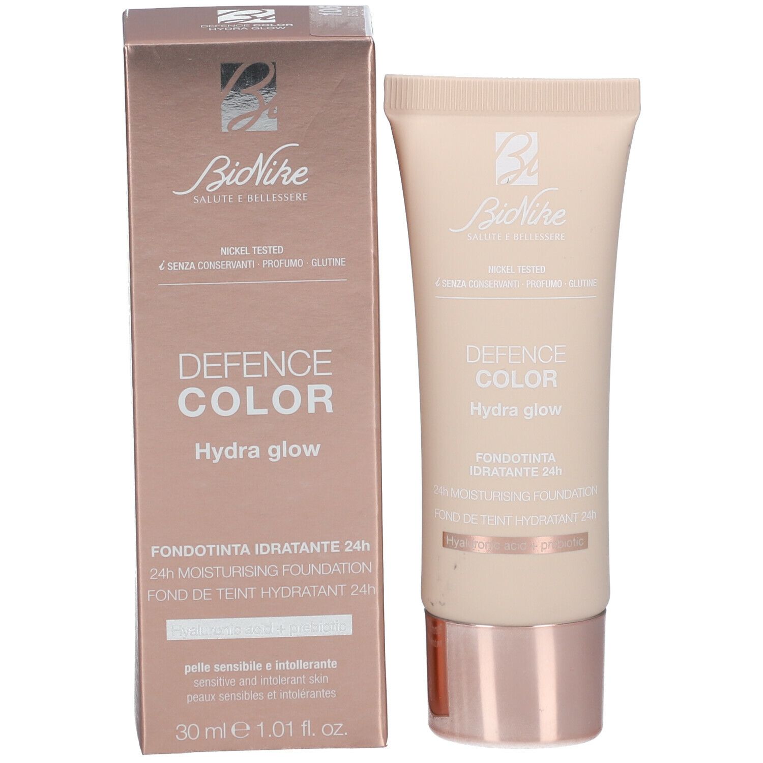 Make-up-Tube und Verpackung. Text: DEFENCE COLOR Hydra glow. Marke: BioNike. Farbe: Biskuit.