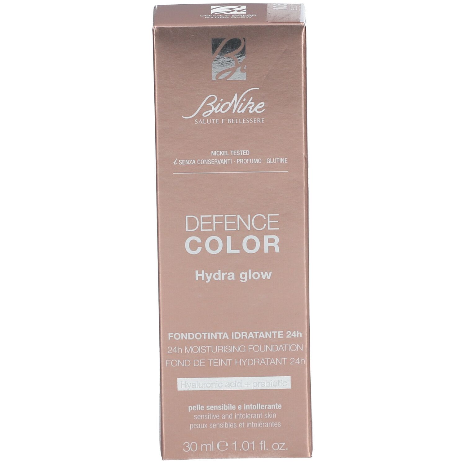Verpackung mit Text: DEFENCE COLOR Hydra glow. Marke: BioNike. Produktinformationen und Inhaltsstoffe.
