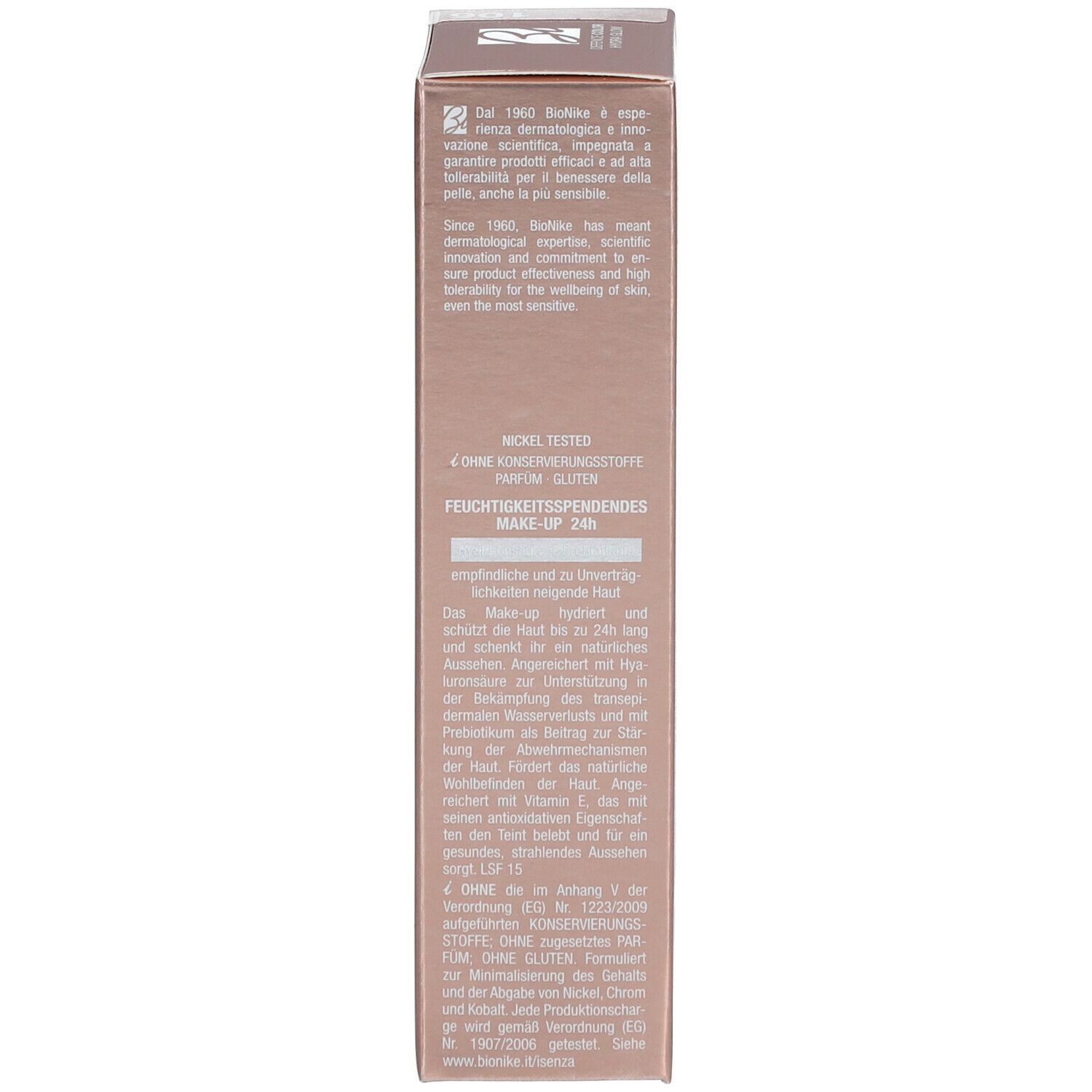 Verpackung mit Text. Marke: BioNike. Informationen zu Inhaltsstoffen, Nickel-Test und Glutenfreiheit.