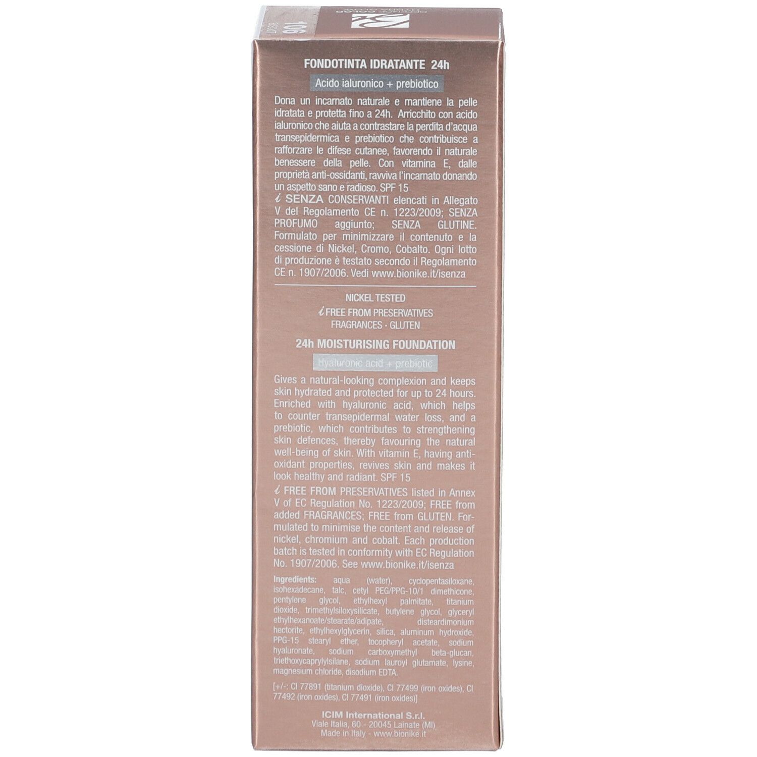 Verpackung mit Text. Marke: BioNike. Inhaltsstoffe, Informationen zu Feuchtigkeitspflege und SPF 15.