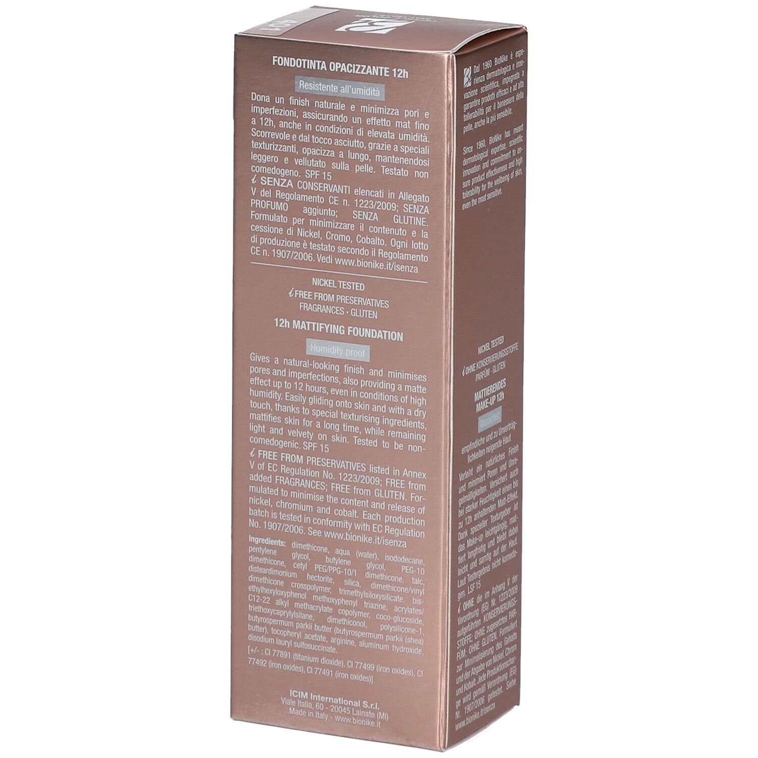 BioNike DEFENCE COLOR Make-up-Verpackung. Text: DEFENCE COLOR, Mat velvet, 401 Ivory. 30 ml. Nickel-getestet.