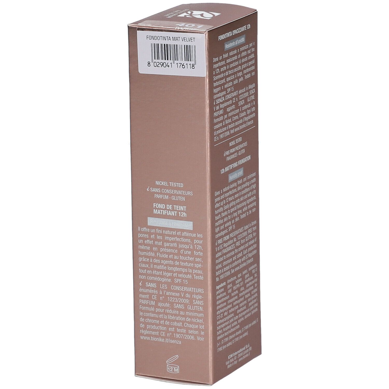 BioNike DEFENCE COLOR Make-up-Verpackung. Text: DEFENCE COLOR, Mat velvet, 401 Ivory. 30 ml. Nickel-getestet.