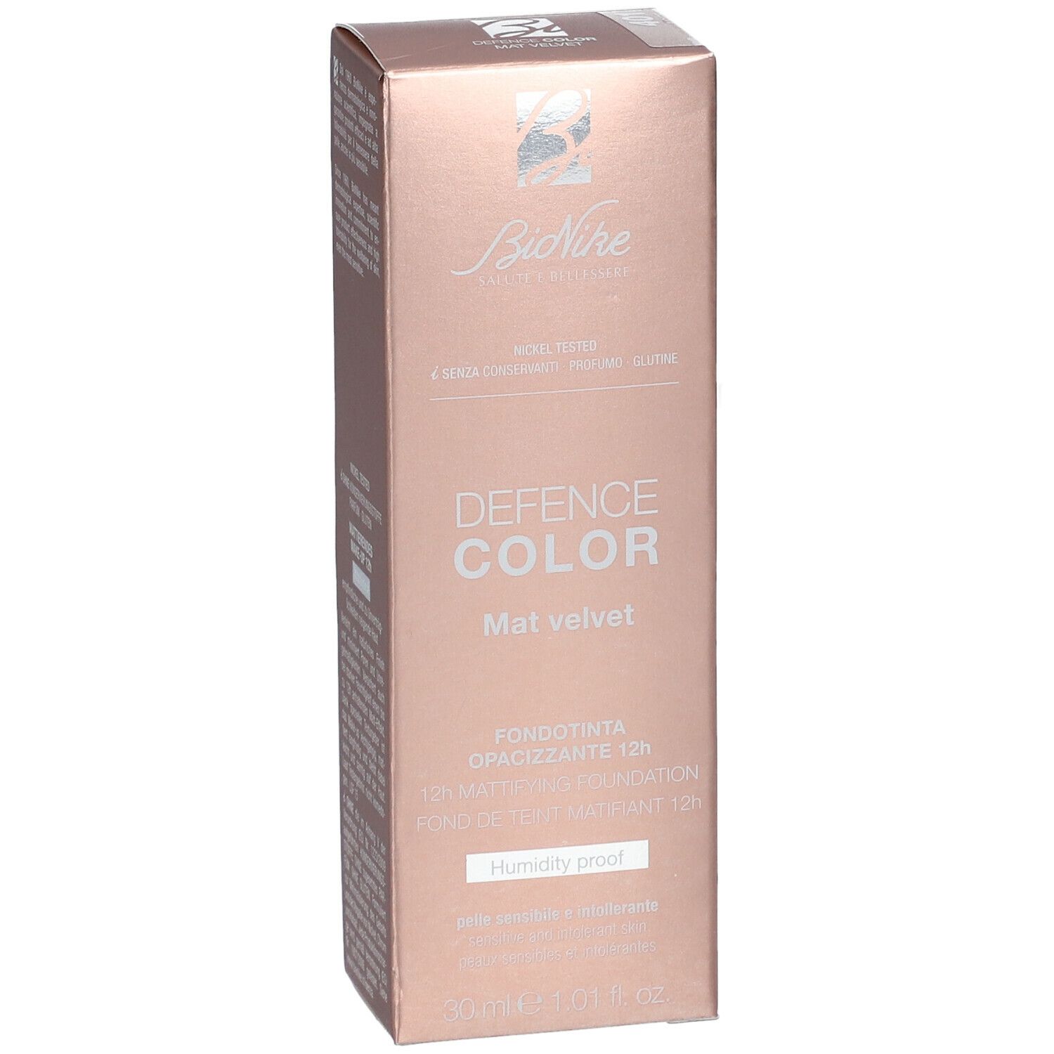 BioNike DEFENCE COLOR Make-up-Verpackung. Text: DEFENCE COLOR, Mat velvet, 401 Ivory. 30 ml. Nickel-getestet.