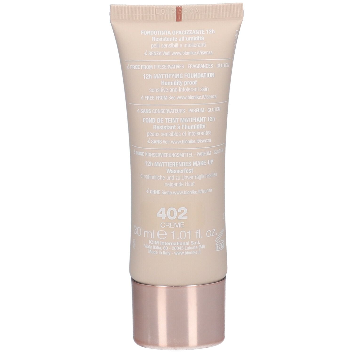 Rückseite einer beigen Tube. Aufschrift: 402 Creme, 30 ml. Marke: BioNike.