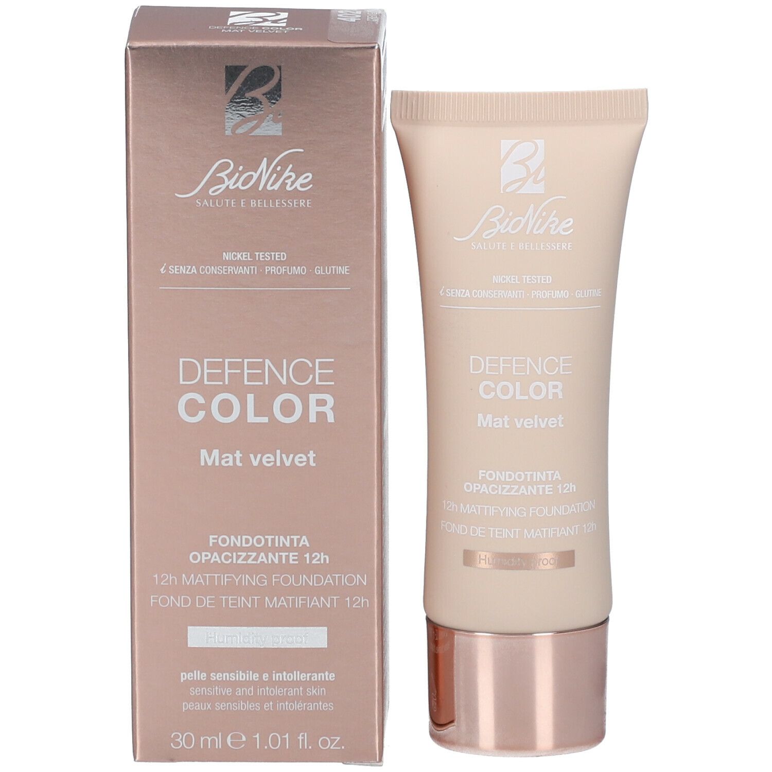 Produktverpackung und Tube. Aufschrift: Defence Color, Mat velvet. Marke: BioNike.