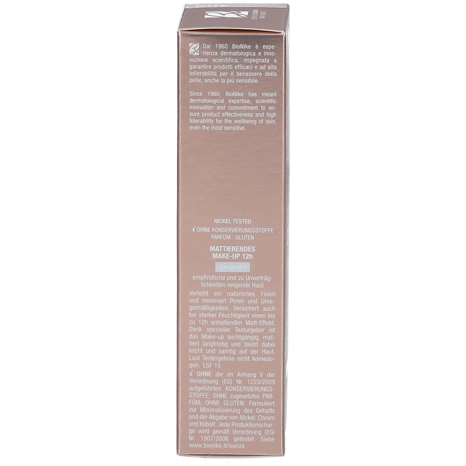 Produktverpackung. Aufschrift: BioNike. Text über dermatologische Forschung. Text in Deutsch.