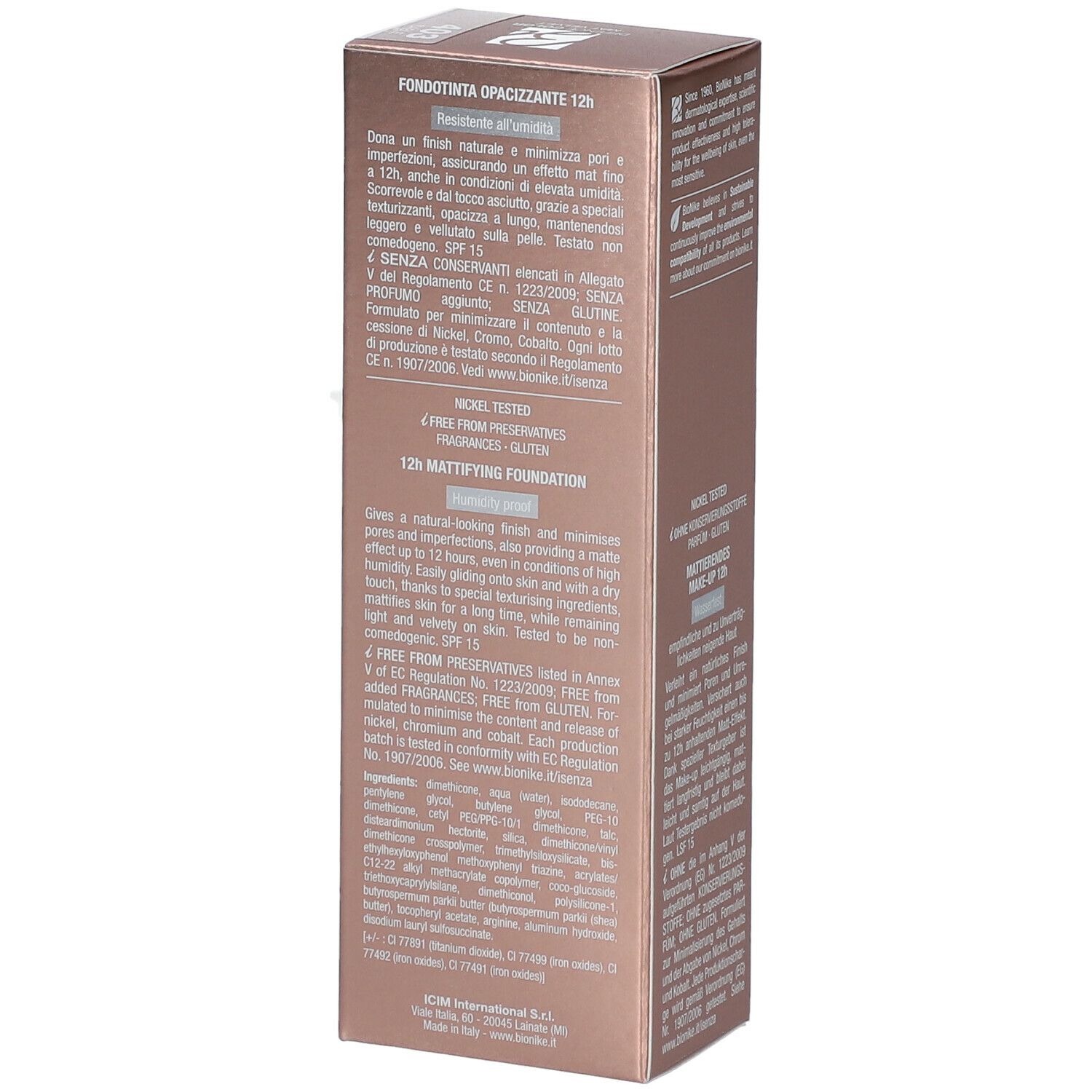 BioNike Defence Color Mat Velvet. Verpakking met productinformatie. Tekst: Defence Color, 12h Mattifying Foundation, 4 zonder conserveringsmiddelen.
