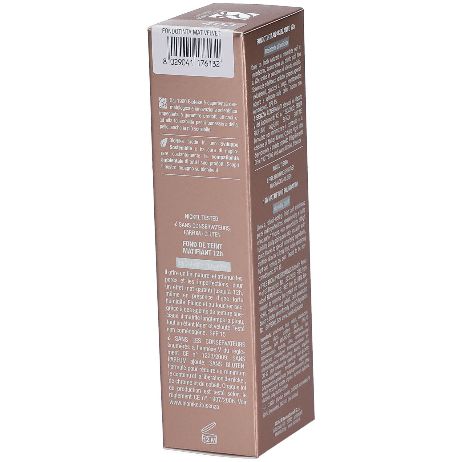 BioNike Defence Color Mat Velvet. Verpakking met productinformatie. Tekst: Defence Color, 12h Mattifying Foundation, 4 zonder conserveringsmiddelen.