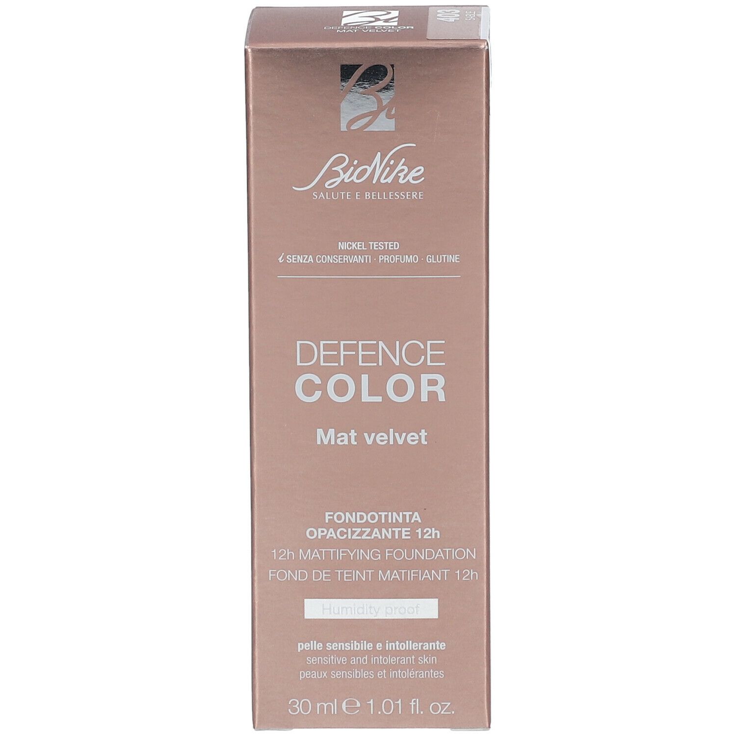 BioNike Defence Color Mat Velvet. Verpakking met productinformatie. Tekst: Defence Color, 12h Mattifying Foundation, 30 ml, Humidity proof.