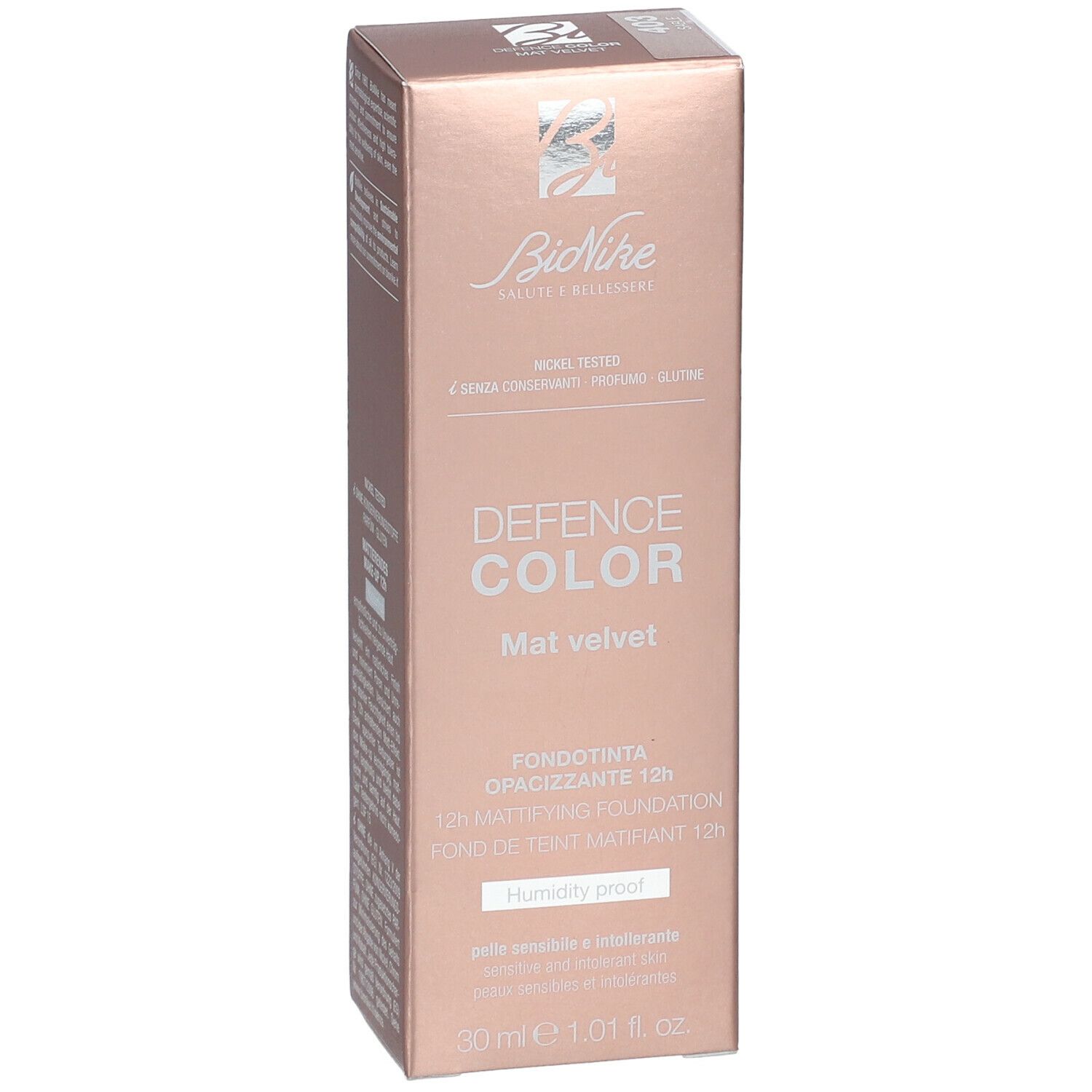 BioNike Defence Color Mat Velvet. Verpakking met productinformatie. Tekst: Defence Color, 12h Mattifying Foundation, Humidity proof.