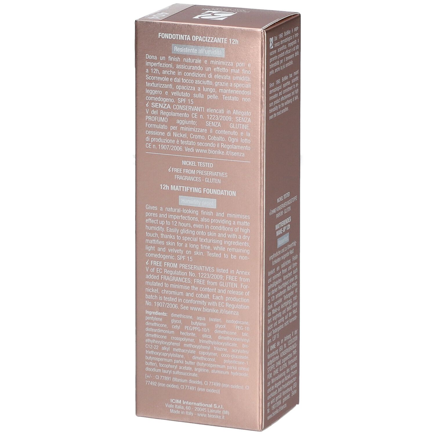Verpakking BioNike Defence Color Mat Velvet. Tekst: Nickel Tested, 4 zonder conserveermiddelen, parfum, gluten. Inhoud: 30 ml.