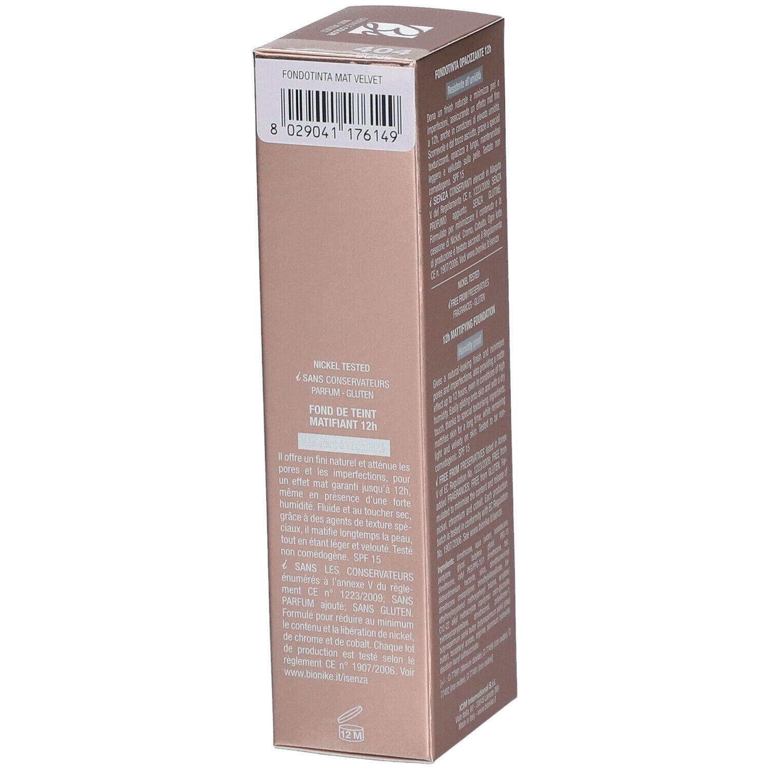 Verpakking BioNike Defence Color Mat Velvet. Tekst: Nickel Tested, 4 zonder conserveermiddelen, parfum, gluten. Inhoud: 30 ml.