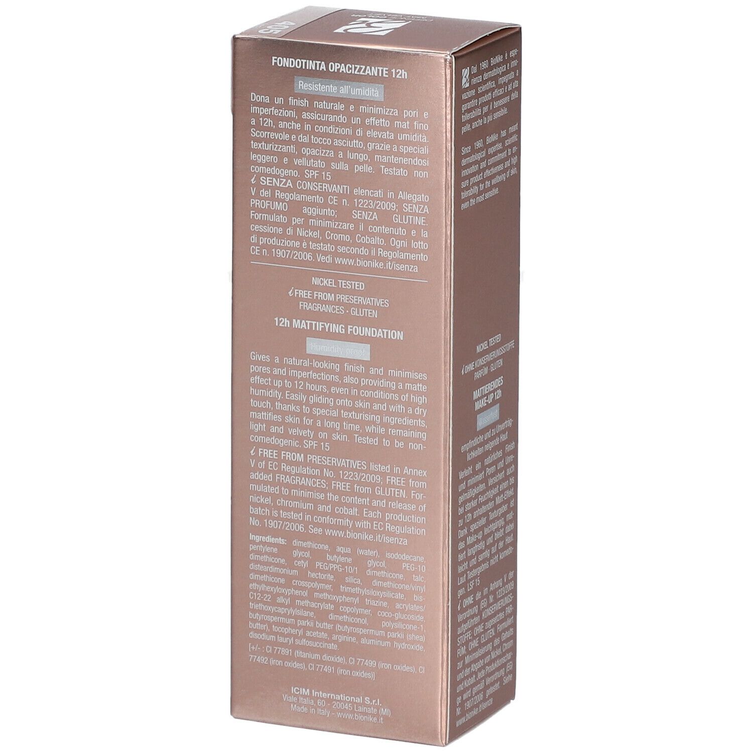 BioNike Defence Color Mat Velvet Foundation-Verpackung. Enthält 30 ml. Aufschrift: 12h Mattifying Foundation.