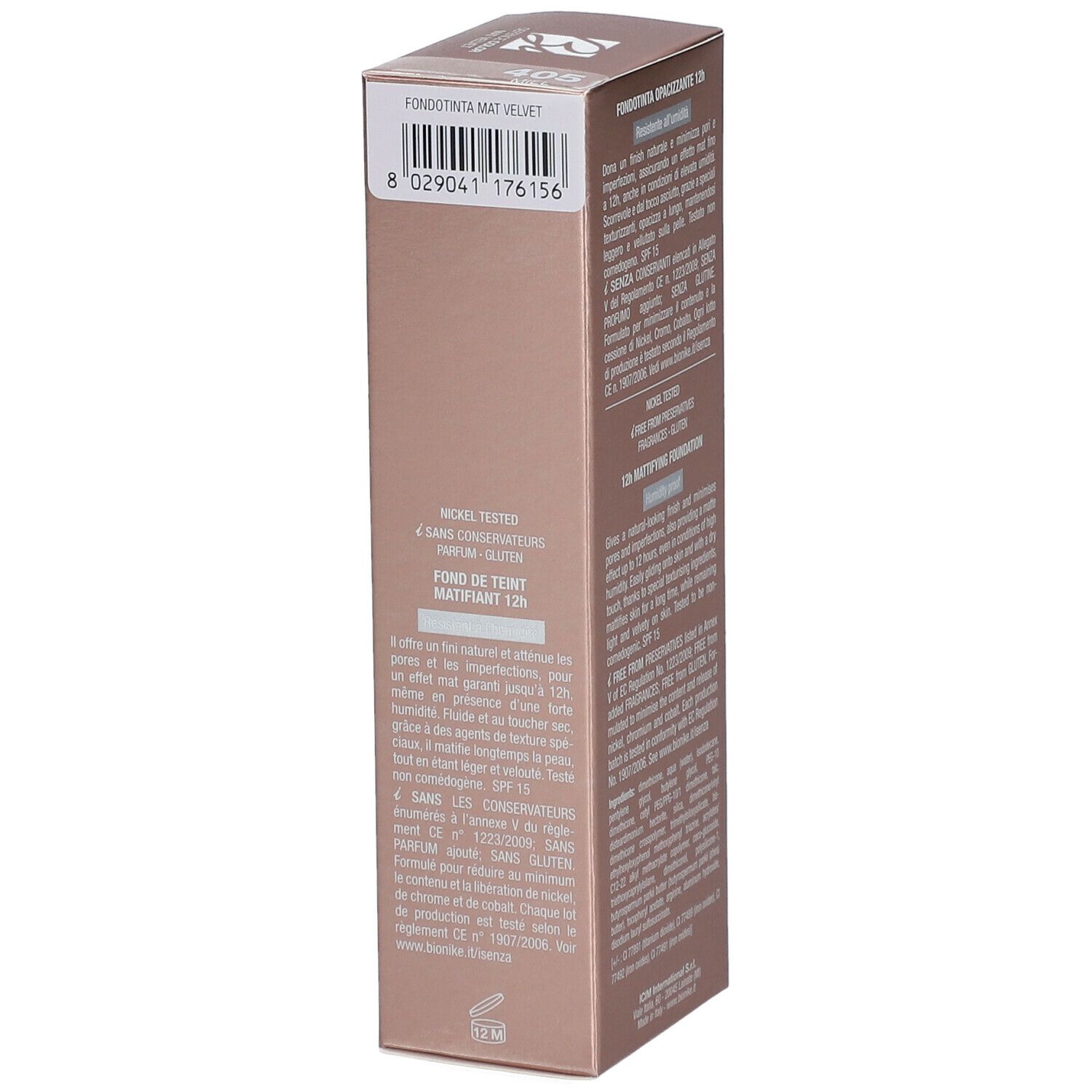 BioNike Defence Color Mat Velvet Foundation-Verpackung. Enthält 30 ml. Aufschrift: Nickel Tested, 4 Free.