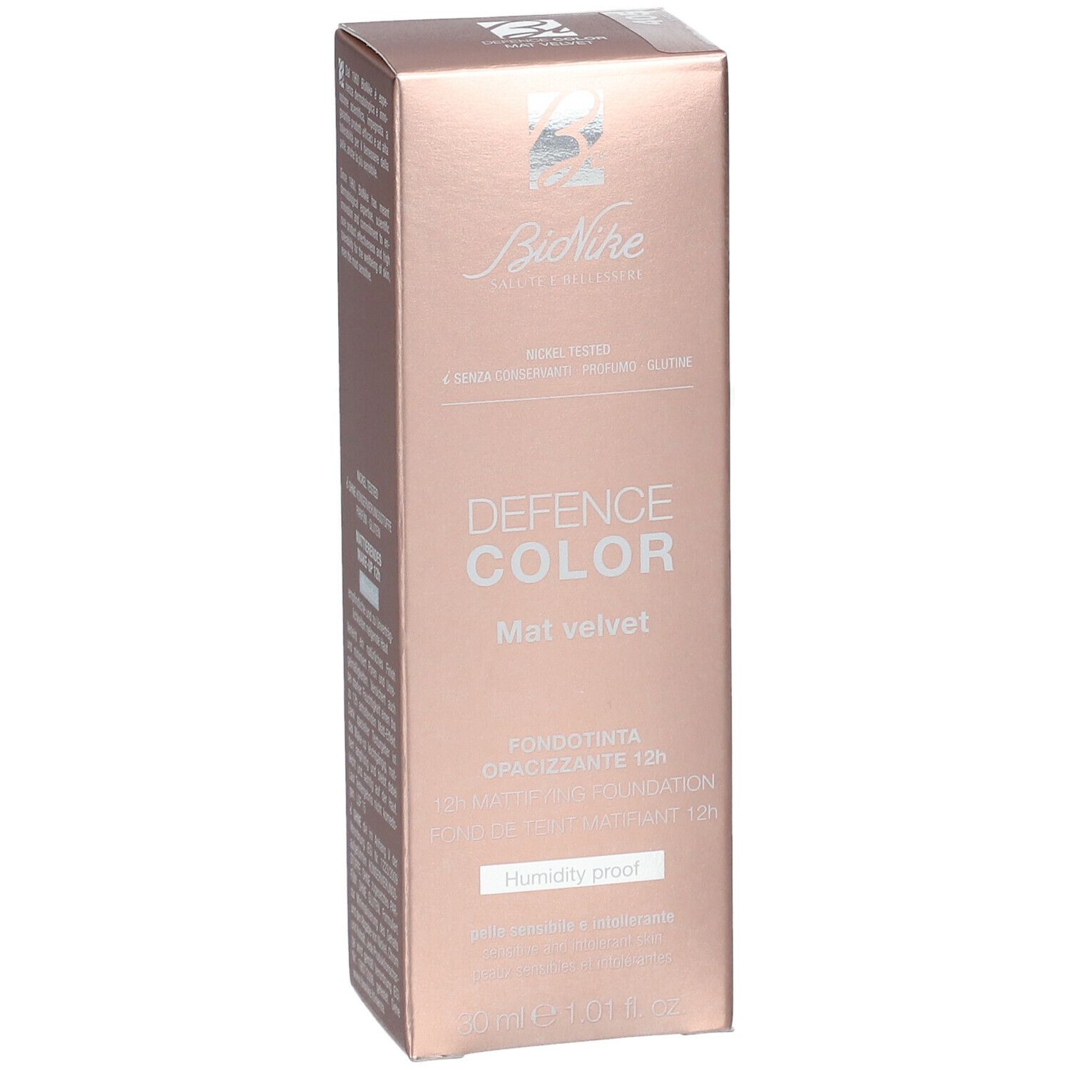 BioNike Defence Color Mat Velvet Foundation-Verpackung. Enthält 30 ml. Aufschrift: Humidty proof.