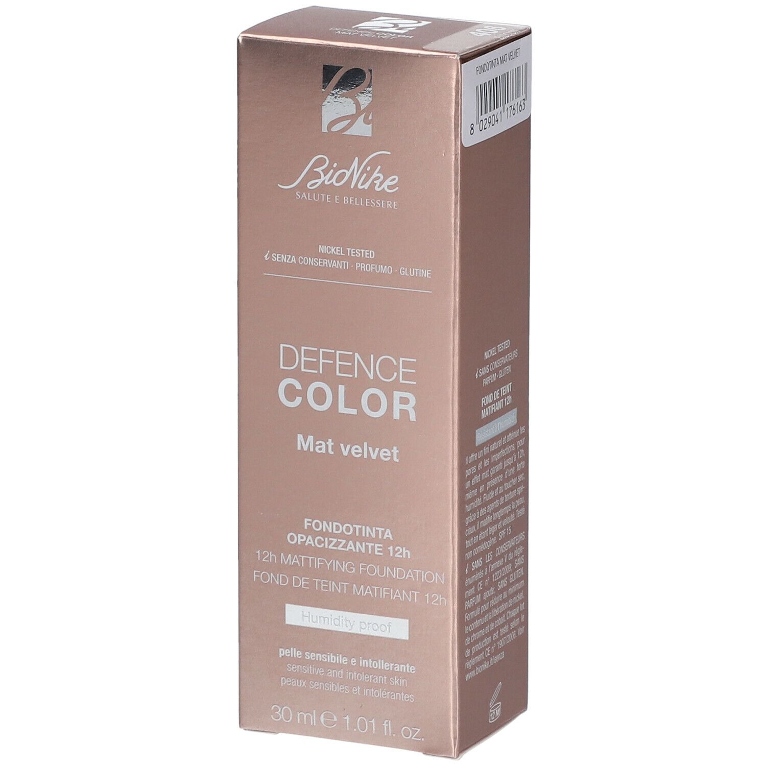 BioNike Defence Color Mat Velvet 406 Biscuit. Verpackung mit Produktinformationen. Nickel getestet, ohne Konservierungsstoffe, Parfum und Gluten.