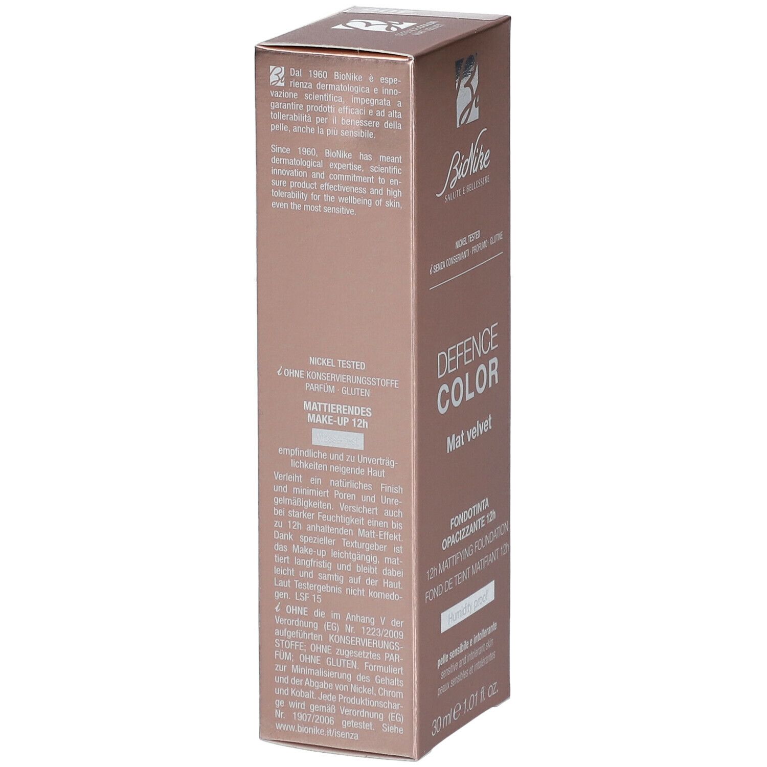 BioNike Defence Color Mat Velvet 406 Biscuit. Verpackung mit Produktinformationen. Nickel getestet, ohne Konservierungsstoffe, Parfum und Gluten.