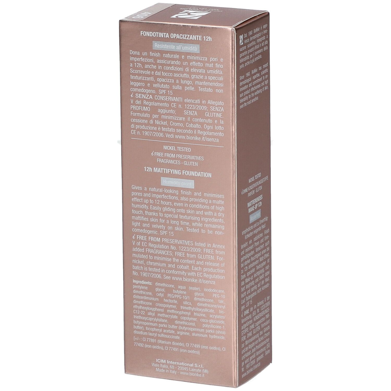 BioNike Defence Color Mat Velvet 406 Biscuit. Verpackung mit Produktinformationen. Nickel getestet, ohne Konservierungsstoffe, Parfum und Gluten.