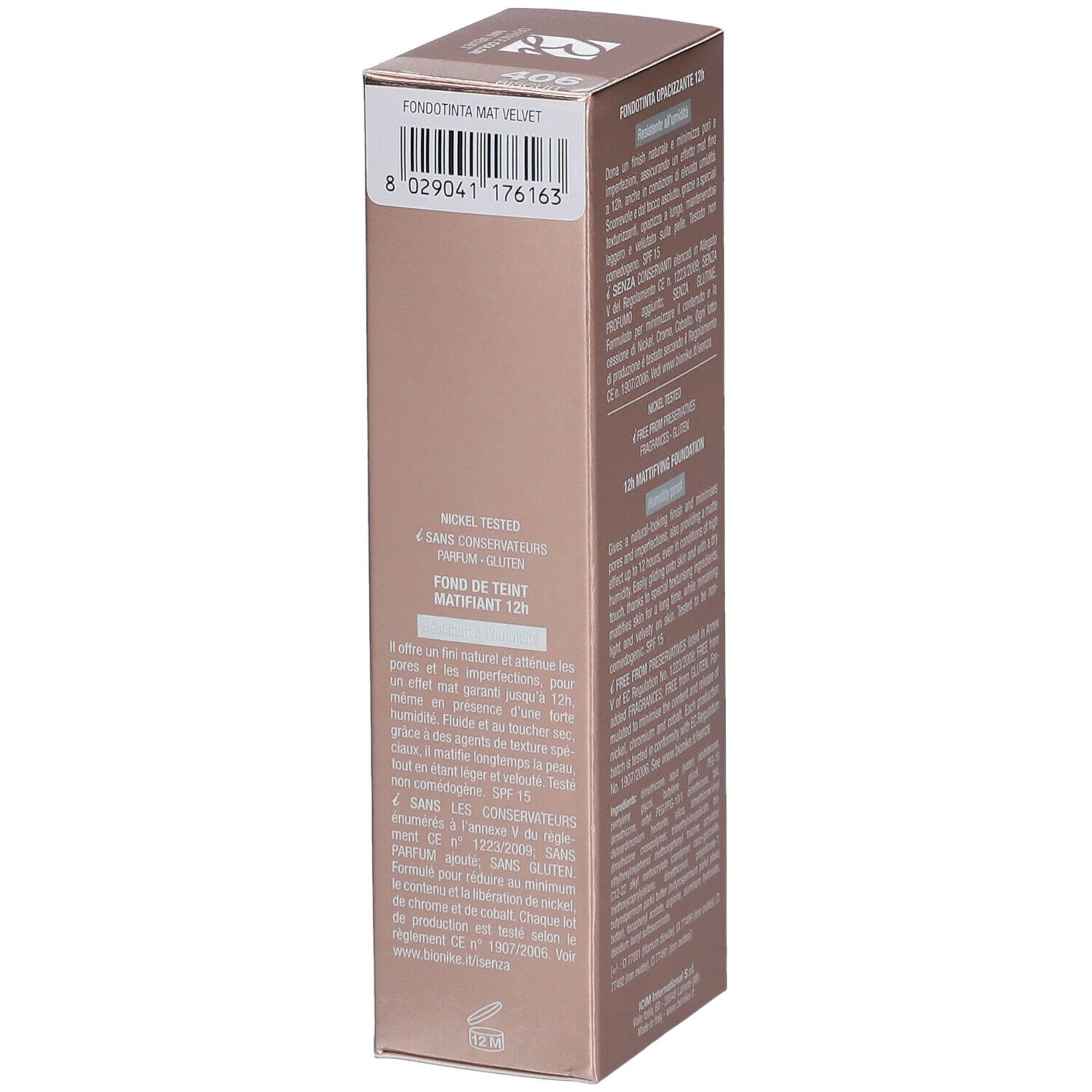 BioNike Defence Color Mat Velvet 406 Biscuit. Verpackung mit Produktinformationen. Nickel getestet, ohne Konservierungsstoffe, Parfum und Gluten.