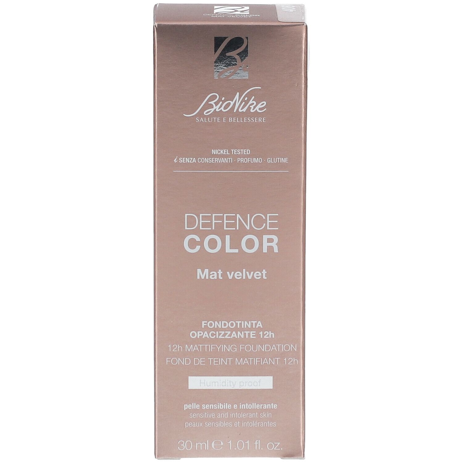 BioNike Defence Color Mat Velvet 406 Biscuit. Verpackung mit Produktinformationen. Nickel getestet, ohne Konservierungsstoffe, Parfum und Gluten.
