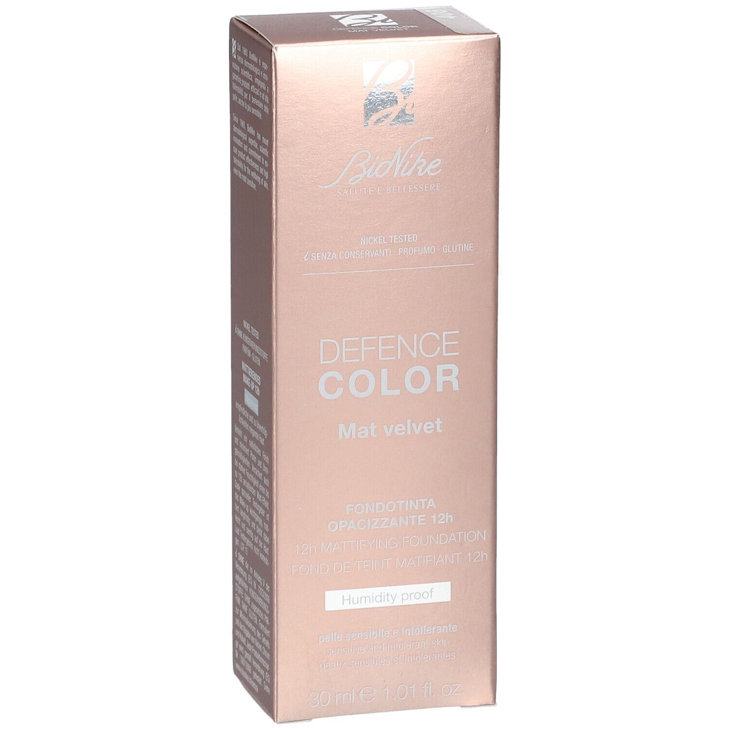 BioNike Defence Color Mat Velvet 406 Biscuit. Verpackung mit Produktinformationen. Nickel getestet, ohne Konservierungsstoffe, Parfum und Gluten.