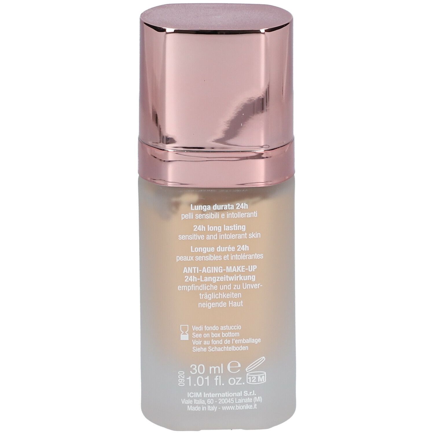 Achterkant van BioNike DEFENCE COLOR Lifting Anti-Ageing Foundation. Meertalige tekst. 30 ml.