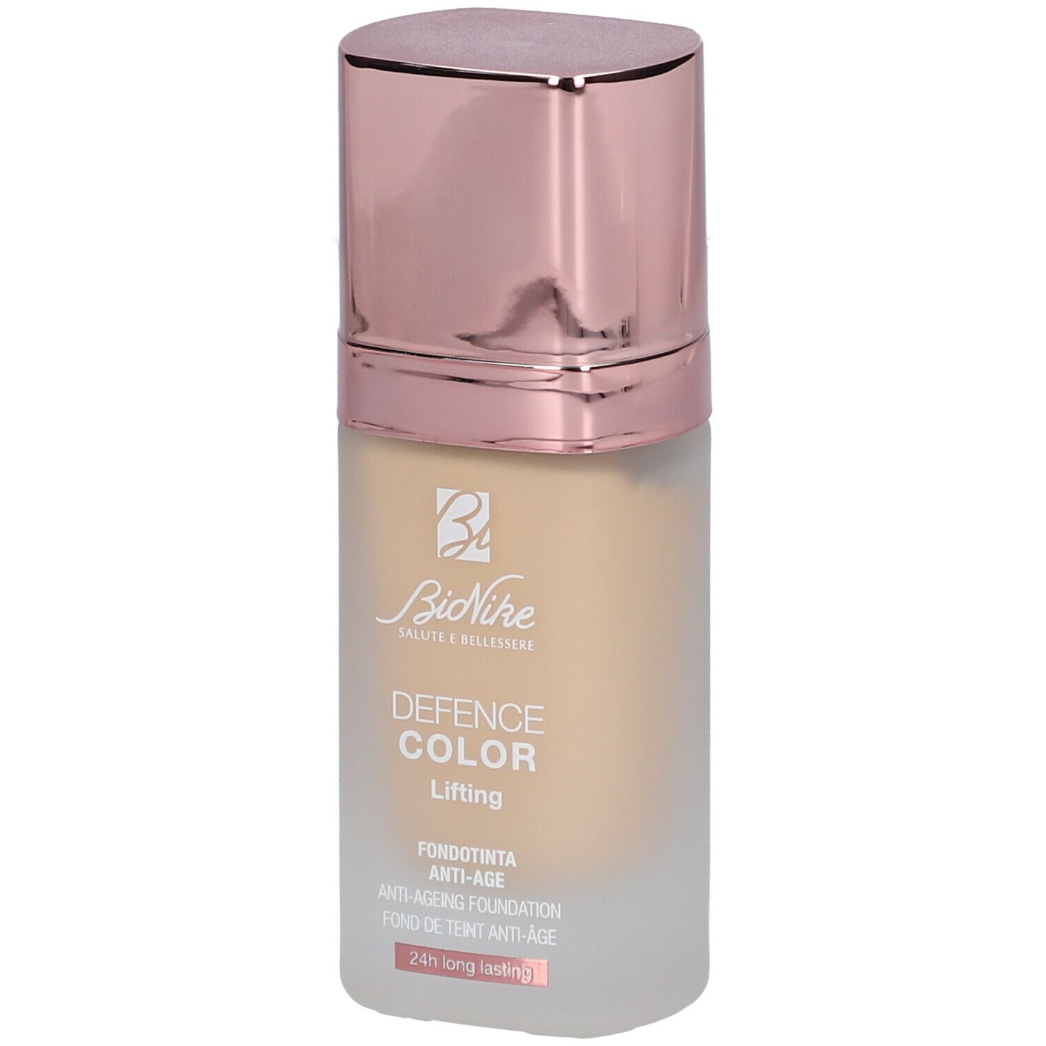 BioNike DEFENCE COLOR Lifting Anti-Ageing Foundation. Fles met roze gouden dop. Beige vloeistof zichtbaar.